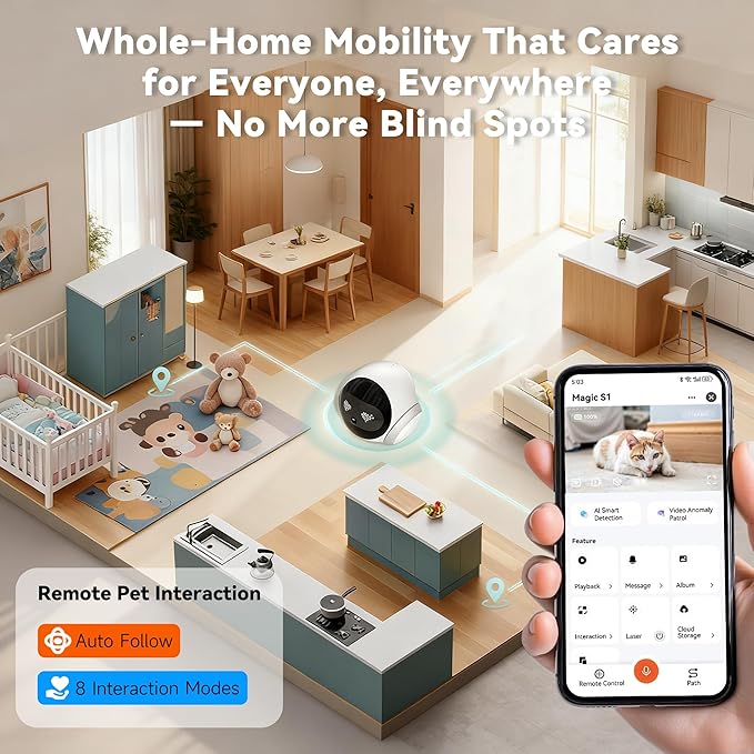 Pet Camera Robot Home Security Camera, 1080P Pet Camera, Movable Home Robot, Custom Facial Expression, Auto-Recharge, Battery-Operated, 2-Way Talk, Night Vision, APP Remote Control for Cats Dogs