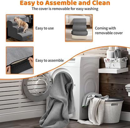 Gimars 30D High-Density Foam & Extra-Wide, Stable 3-Step Dog Stairs, 40cm High Pet Stairs with Washable Cover & Non-Slip Base, Portable Ramp for Small Dogs to Sofa, Bed, Couch, Car