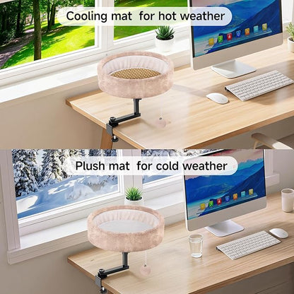 Cat Desk Bed - 360° Rotating & Adjustable, Supports 50 lbs, Soft Faux Fur with Dual-Sided Reversible Mat, Modern Indoor Cat Nest Furniture for Office Desks and Game Tables, Island Table