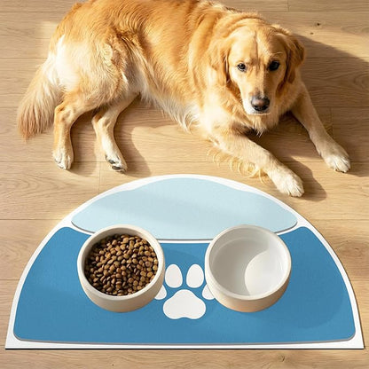 Dog Food Mat Half Round - 28''x17'' Absorbent Mat for Dog Water Bowl, Extra Large Pet Food Mat for Multiple Pets Families, Pet Water Mat Protect Floor, Fit with Automatic Feeders & Double-Bowl, Blue