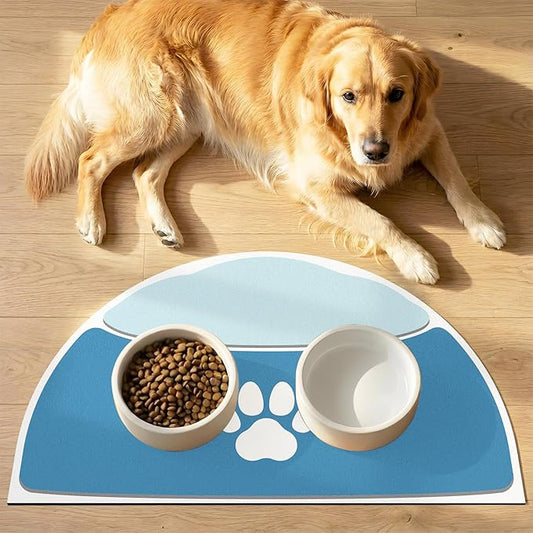 Dog Food Mat Half Round - 28''x17'' Absorbent Mat for Dog Water Bowl, Extra Large Pet Food Mat for Multiple Pets Families, Pet Water Mat Protect Floor, Fit with Automatic Feeders & Double-Bowl, Blue
