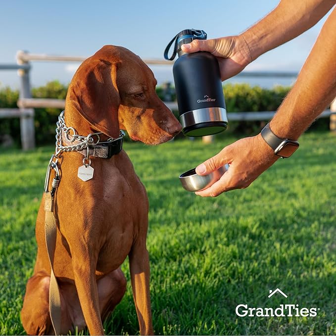 GrandTies Insulated Portable Dog Water Bottle with 2 Detachable Water Bowl Dispenser | Leak-Proof Dog Food Travel Container | Accessories for Dogs Walking, Hiking, Camping (32oz, Matte Black)