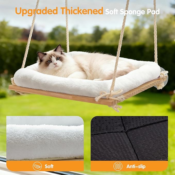 Cat Window Perch, Rustic Cat Hammock Bed with Solid Wood Seat 4 Heavy Duty Suction Cups, Plush Cushion, Indoor Pet Window Hammock for Cats for Large Cats (XL)
