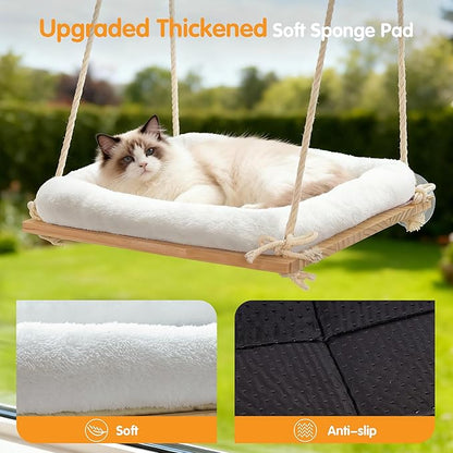 Cat Window Perch, Rustic Cat Hammock Bed with Solid Wood Seat 4 Heavy Duty Suction Cups, Plush Cushion, Indoor Pet Window Hammock for Cats for Large Cats (XL)