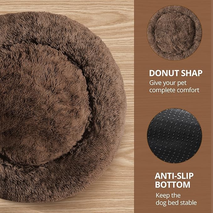 JOLLYVOGUE Calming Dog Beds Large Sized Dog, 36in Donut Washable Large Pet Bed, Anti-Slip & Anti-Anxiety Fluffy Faux Fur Round Dogs Bed, Fits up to 80 lbs Pets (Coffee)