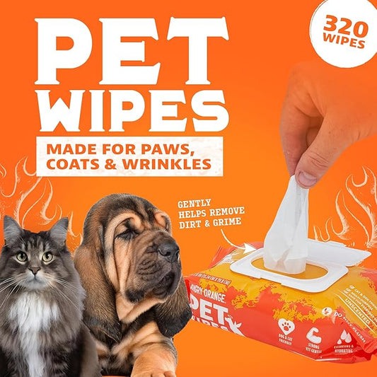Angry Orange Unscented Pet Wipes - Hypoallergenic & Fragrance-Free With Aloe & Chamomile - Thick Grooming Wipes for Paws, Fur, Butt - Safe for Dogs & Cats - 320 Count - Value 4 Pack