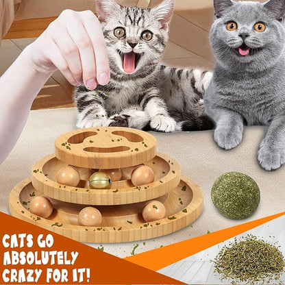 Cat Ball Track Toy with Puzzle Top, 3-Level Tower with 9 Removable Balls, Interactive Toy for Kitten Mental & Physical Exercise