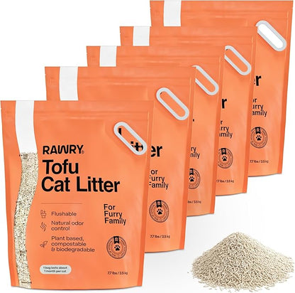 Tofu Cat Litter by Rawry | Flushable Natural Compostable Cat Litter Five Bags (5 Month Supply: 17.5kg)