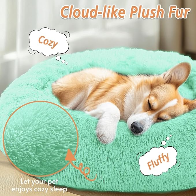 JOLLYVOGUE Calming Dog Bed Medium Size Dog, 31in Donut Washable Medium Pet Bed, Anti-Slip & Anti-Anxiety Fluffy Faux Fur Round Dogs Bed, Fits up to 45 lbs Pets (Mint Green)
