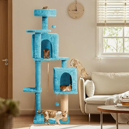 58in Large Cat Tree Tower for Indoor Cats with Soft Plush Hang Ball, Two Condos, Sisal Scratch Posts & Rope Play for Kittens/Adult Cats, Blue