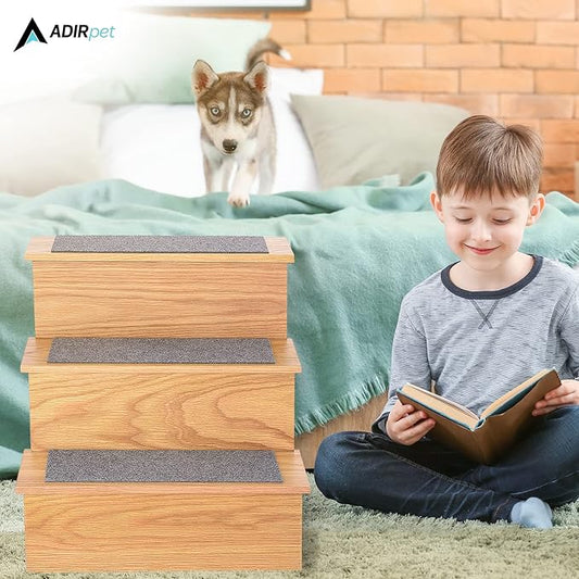 AdirPets Deluxe 3-Step Pet Stairs with Non-Slip Surface and Carpeted Treads - Sleek Pet Steps for Small Dogs, Cats, Elderly or Disabled Pets - Supports Up to 175lbs Weight - Medium Oak