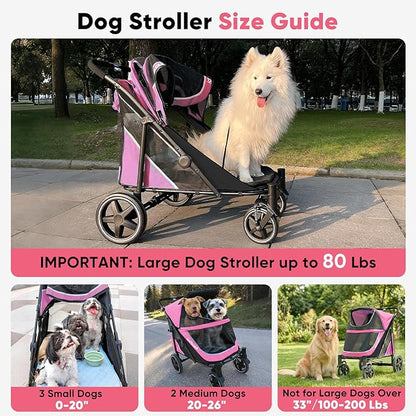 Petbobi Dog Stroller for Large & Medium Dogs - Easy Fold Dual Entry Pet Stroller with One-Foot Brake, All Terrain Wagon Cart with Air Mesh, Ideal for Large Senior Pets up to 80 lbs, Pink