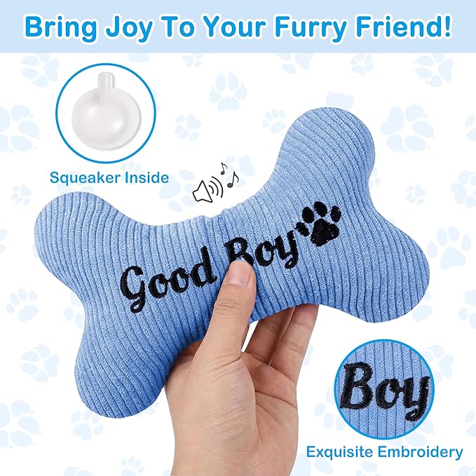 2026 Squeaky Dog Toys, Embroidered Bone Shape Blue Corduroy Pet Pillow 8"x5", Soft Cotton Filled Cute Fun Plush Dog Chew Puzzle Toy Birthday for Small Medium Dogs(Good Boy)