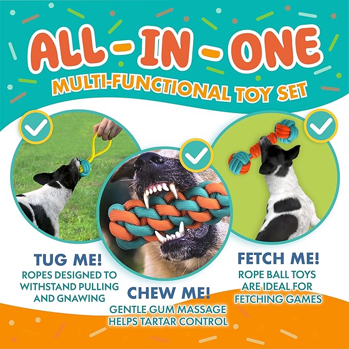Tough Dog Rope Toys 6 PCS for Aggressive Chewers, Nearly Indestructible Chew Toy, Indoor Outdoor Play for Medium Large Breeds Teething Training