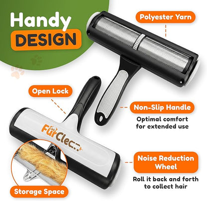FurClean Pet Hair Removal Roller - Electrostatic Absorption Reusable Lint Rollers for Pet Hair - Cleaning Tool for Furniture, Couch and Carpet - Large Storage Compartment with Easy Disposal
