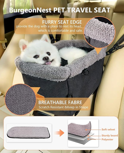 BurgeonNest Center Console Dog Car Seat for Small Dogs up to 9lbs - Sturdy Metal Frame Anti-Collapse Pet Booster Seat for Car Armrest, Dual Safety Belts & Washable Cushion, Grey