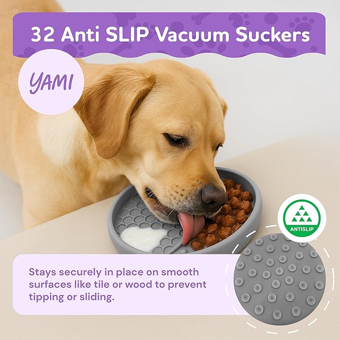 YAMI Dog Lick Bowl, Lick Mat for Dogs, Wet Food Cat Slow Feeder, Freeze Bowl, Enrichment & Puzzle Toy for Anxiety Relief, Food-Grade Silicone, Suction Cups, Dishwasher Fit, for All Breed (Light Gray)