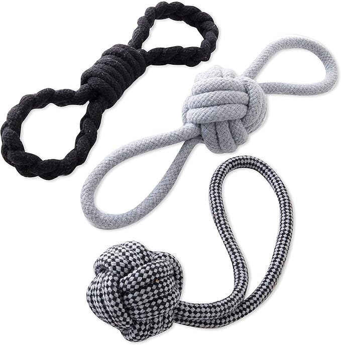 HonestBaby 3-Pack Rope Pull Toys Durable Organic Cotton for Pets, Black/Gray, One Size