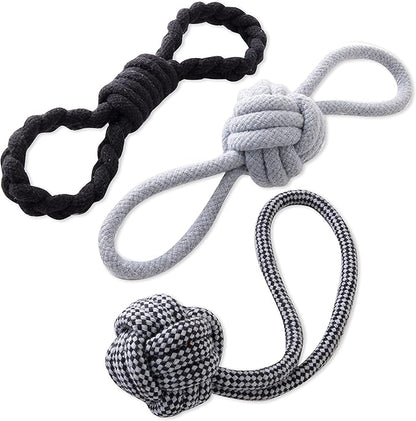 HonestBaby 3-Pack Rope Pull Toys Durable Organic Cotton for Pets, Black/Gray, One Size