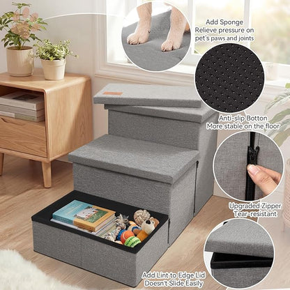 Wider Dog Ramp for High Bed with Storage 18" H, Foldable Dog Stairs for Small Medium Large Older Senior Animal, Sturdy Dog Step for Climbing Bed or Couch, Arthritis-Friendly (Gray, No Condo)