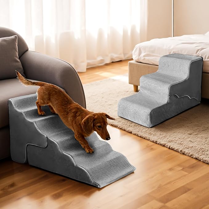 Mestuel Dog Stairs for Small Dogs Cats, Small Pet Stairs Steps, Foam 3-Tier Pet Stairs Steps for Couch Sofa, Dog Ramp Ladder Indoor with Nonslip Bottom &Washable Cover, Beige