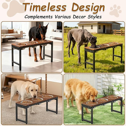 Elevated Dog Bowls Large Breed,Adjustable Raised Dog Bowl Stand,Stainless Steel 3 Bowl Dogs Feeding Station,12.5cup/101oz Each Food Water Bowl(Iron Holder,Wooden Platform,Grained Oak)