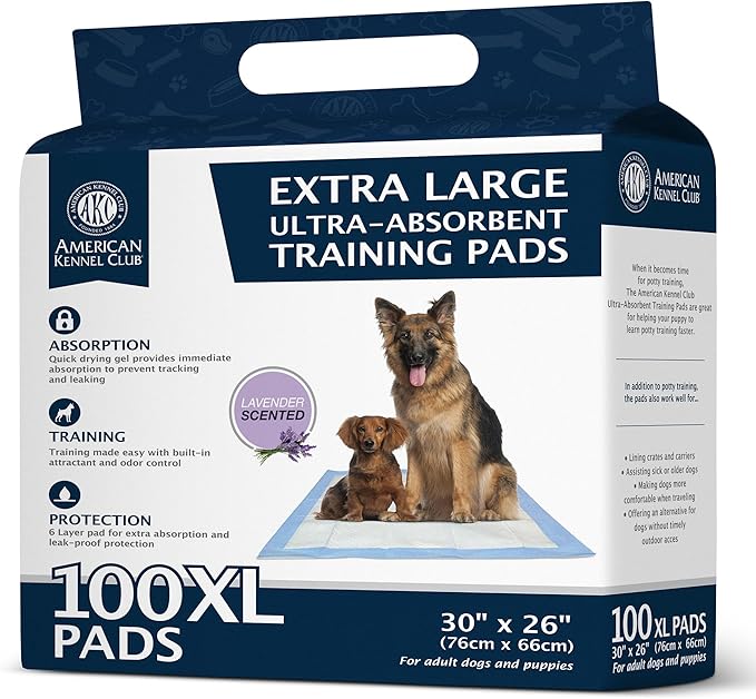 American Kennel Club Puppy Training Pads for Dogs, 100 Count, 30" X 26" XL Lavender Scent, Absorbent Leak-Proof Dog Pee Pads in Box