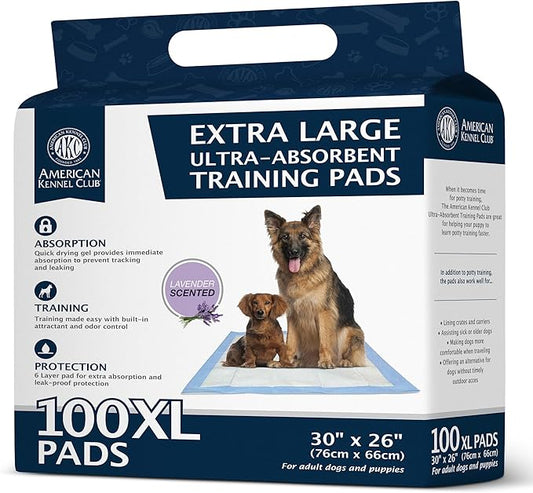 American Kennel Club Puppy Training Pads for Dogs, 100 Count, 30" X 26" XL Lavender Scent, Absorbent Leak-Proof Dog Pee Pads in Box