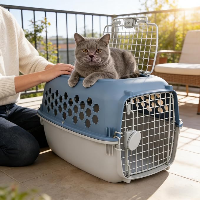 24 Inches Pet Kennel Carrier, Sturdy Portable 2-Door Top-Load Hard-Sided Pet Travel Carrier, Indoor & Travel Pet Cage, cat Kennel for Small Dogs & Cats, Blue and White
