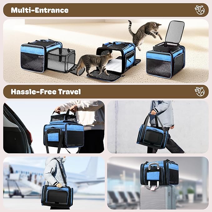 Top and 2 Sides Expandable Pet Carrier 17x11x9.5, TSA Airline Approved Small Dog Carriers for Small Dogs, Soft-Sided Cat Carrier with Self-Locking Zippers for Kitten,Rabbit, Puppy, Guinea Pig Blue