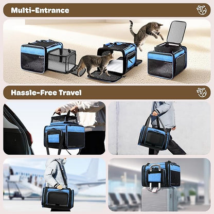 Top and 2 Sides Expandable Pet Carrier 17x11x9.5, TSA Airline Approved Small Dog Carriers for Small Dogs, Soft-Sided Cat Carrier with Self-Locking Zippers for Kitten,Rabbit, Puppy, Guinea Pig Blue