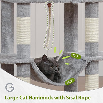 Tall Cat Tree, Large Cat Tower for Adult Cats, 80.7'' (205cm) Heavy-Duty Cat Tree House for Indoor Cats 20 lbs+ with Scratching Posts, 2 Top Perches/Condos, Hammcok, Light Gray GCT034W