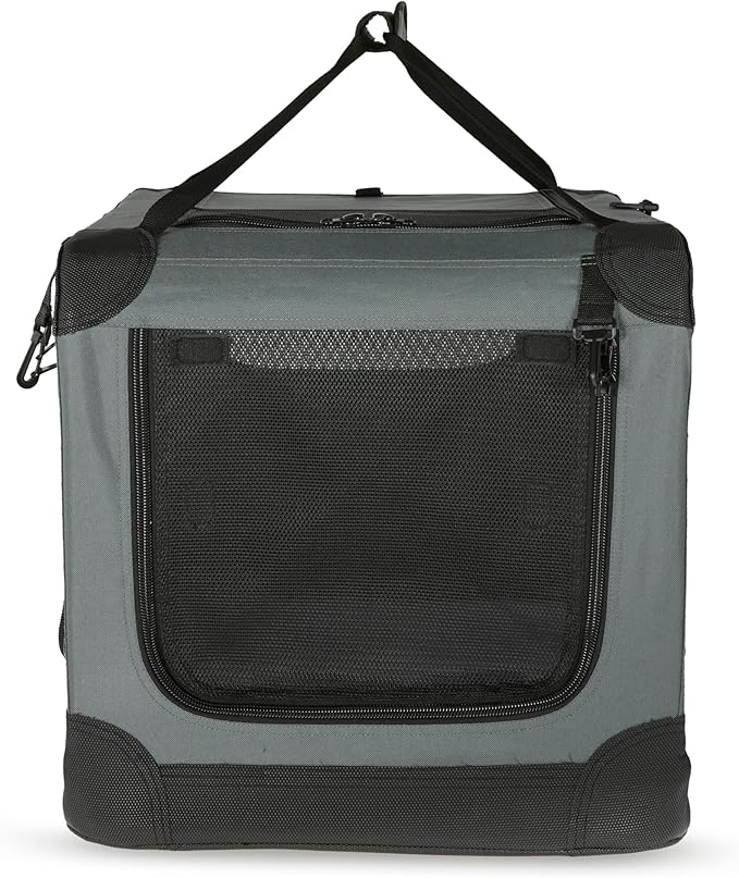 Amazon Basics Portable Folding Soft Dog Crate, 4-Doors, Collapsible Travel Kennel for Cat, Dog, and Small Animals, Quick Setup, Small 26" x 18" x 18", Grey