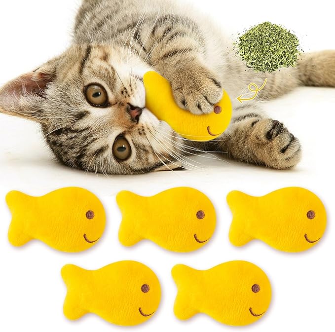 L1rabe Goldfish Cracker Catnip Stuffed Toys - National Pet Day 5P Goldfish Organic Cat Toys Funny Yellow Indoor Cats Chew Bite Teething Tools Kittens Birthday Gifts Interactive Pet Supplies