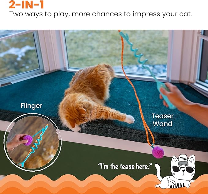 Catstages Cat-apult Spring Wand Durable and Interactive Teaser with Flinger Clip & Two Cat Toys, Catnip Toy & Pompom Ball, Blue