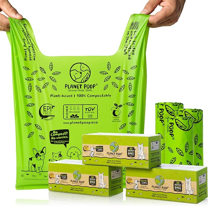 PLANET POOP Home Compostable Dog Bags 90, XL Sized Cat Litter Box Clean-up Doggy Waste Bag with Handles, Pooper Scooper Swivel Bin for Dogs Extra-Large Grocery Size Pet Supplies