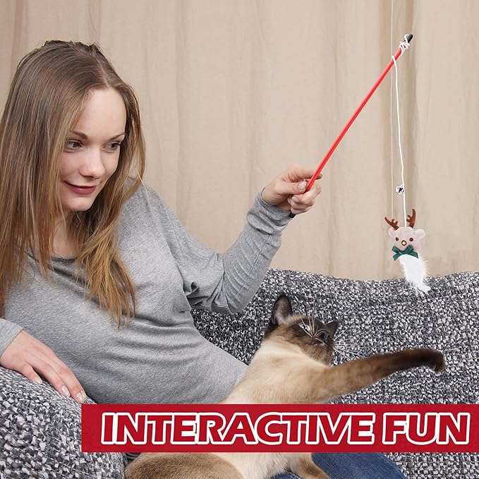 Syhood 18 Pcs Christmas Cat Stocking Toys Catnip Toys Set, Include Kitten Interactive Wand Toy Cat Chew Toy Teaser Wand Teething Mouse Santa Fish Ball Feather Toy Christmas Hanging Stocking for Pet