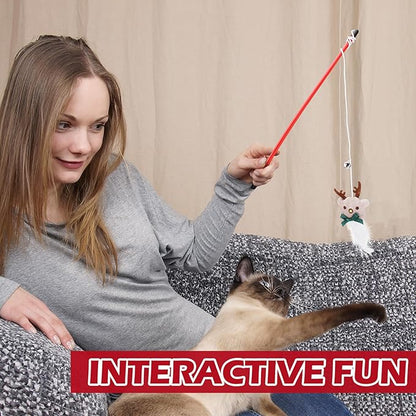 Syhood 18 Pcs Christmas Cat Stocking Toys Catnip Toys Set, Include Kitten Interactive Wand Toy Cat Chew Toy Teaser Wand Teething Mouse Santa Fish Ball Feather Toy Christmas Hanging Stocking for Pet