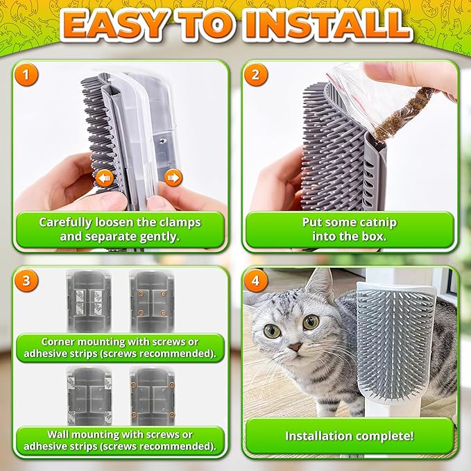 Cat Corner Scratcher – Cat Self Groomer for Indoor Cats – Wall Brush with Face Scratchers and Catnip | Easy to Install, Soft Massage, Fur Remover, Grooming Tool Also Works as Hand Comb for Cats