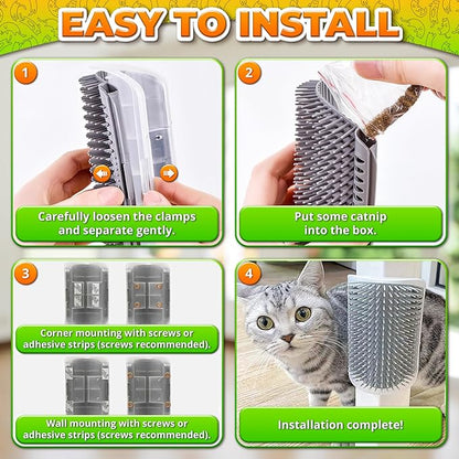 Cat Corner Scratcher – Cat Self Groomer for Indoor Cats – Wall Brush with Face Scratchers and Catnip | Easy to Install, Soft Massage, Fur Remover, Grooming Tool Also Works as Hand Comb for Cats