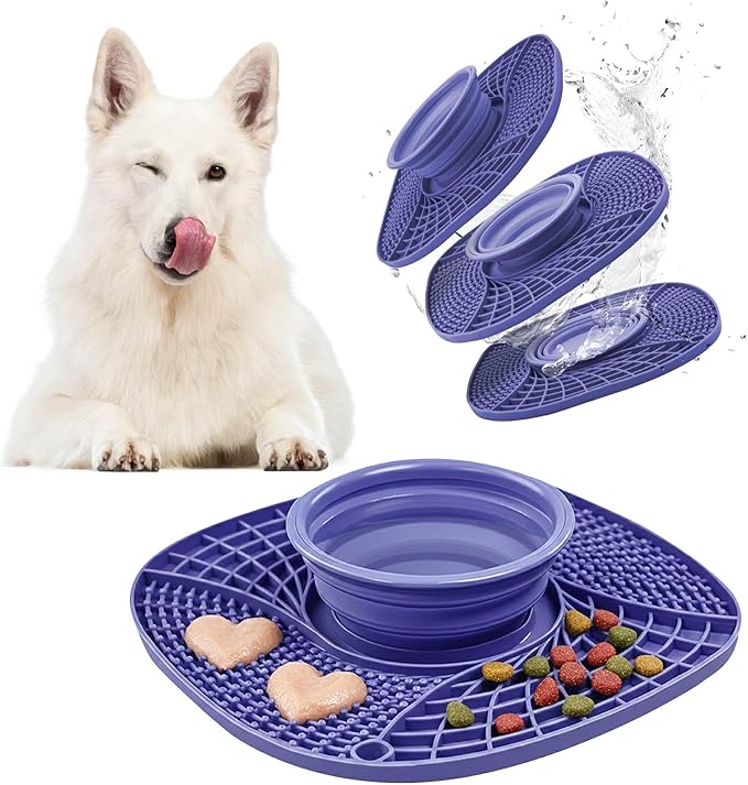 BelleBête & Co. 3-in-1 Pet Slow Feeder Bowl Lick Mat with Collapsible Bowl for Dog & Cat – Food-Grade Material & Non-Slip Base for Kibble, Dry and Wet Food, Digestive Health & Reduce Anxiety | Purple