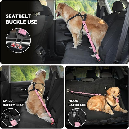 Pawaboo Dog Seat Belt Harness for Car, Dog Car Harness Seatbelt with Double Clips, Adjustable Breathable Pet Vest & Dogs Safety Tether with Elastic Bungee for Small Medium Large Pet, L, Pink + Black