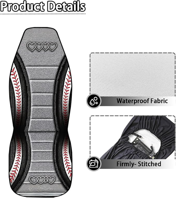Love Heart Car Seat Covers Baseball Print Universal Bucket Seat Cover Waterproof Anti-Slip Automotive Accessories Suitable for Cars, SUV and Trucks