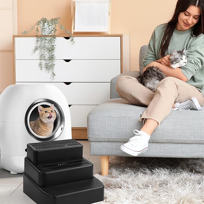 BALAPET Adjustable 3 Steps Litter Box Ramp with Filter Function, Detachable Litter Trapper, Easy Clean Cat Litter Stair for Small & Elderly Cats(Black)