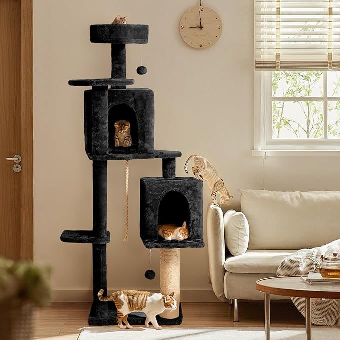 58in Large Cat Tree Tower for Indoor Cats with Soft Plush Hang Ball, Two Condos, Sisal Scratch Posts & Rope Play for Kittens/Adult Cats, Black