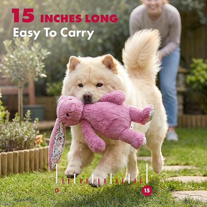 Pet Lou 15 Inch Rabbit Dog Chew Toy, Super Soft & Durable Plush with Crinkle Ears & Built-in Long Lasting Squeakers, Interactive Stuffed Squeaky Dog Toy
