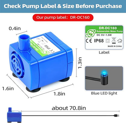 Cat Water Fountain Pump, Pet Water Fountain Pump Replacement Compatible Motor, DR-DC 160 Submersible Water Pump with LED Light for Round, Cubic, Flower Cap Cat Fountain