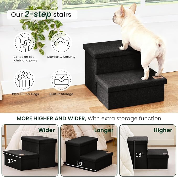 Love's cabin Dog Stairs with Storage 13" H, Foldable Pet Stairs for Small Medium or Large Dogs, Cat Puppy Steps Ramp with Zip up to 150 lbs, Black, 2 Steps