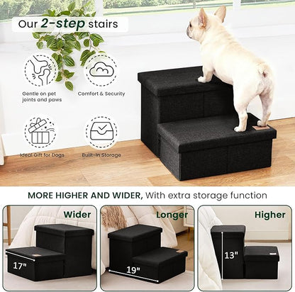 Love's cabin Dog Stairs with Storage 13" H, Foldable Pet Stairs for Small Medium or Large Dogs, Cat Puppy Steps Ramp with Zip up to 150 lbs, Black, 2 Steps