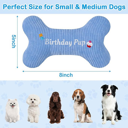 2026 Birthday Squeaky Dog Toys, Embroidered Bone Shape Blue Corduroy Pet Pillow 8"x5",Plush Soft Cotton Filled Cute Fun Dog Chew Puzzle Toy Birthday Gifts for Small Medium Dogs(Birthday Pup)